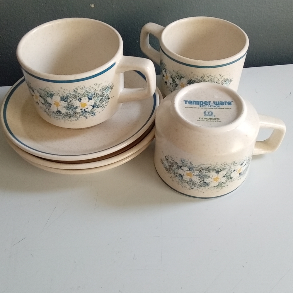 Lenox Temper-ware Dewdrops Tea Cup and Saucer Set of 3 Vintage Stoneware USA